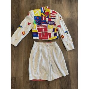 Vintage MODI 100% Silk Sequin International Flag Jacket Shorts Set Rare